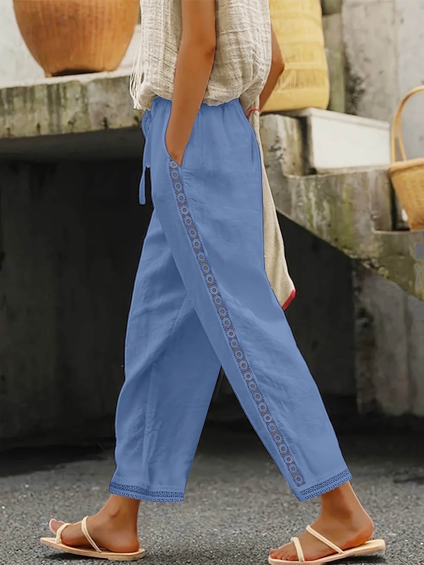 Ava™ | Lace Splicing Slant Pocket Straight Leg Pants