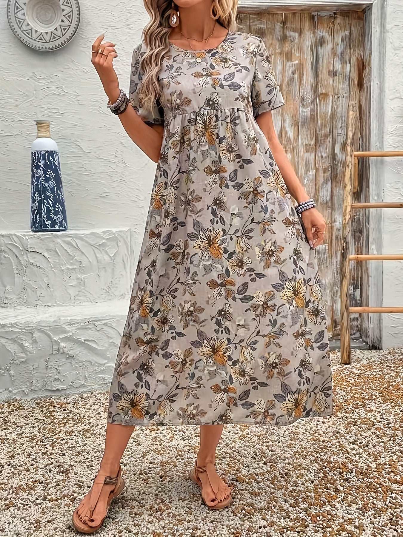 Lena™ | Floral Print Casual Round Neck Dress