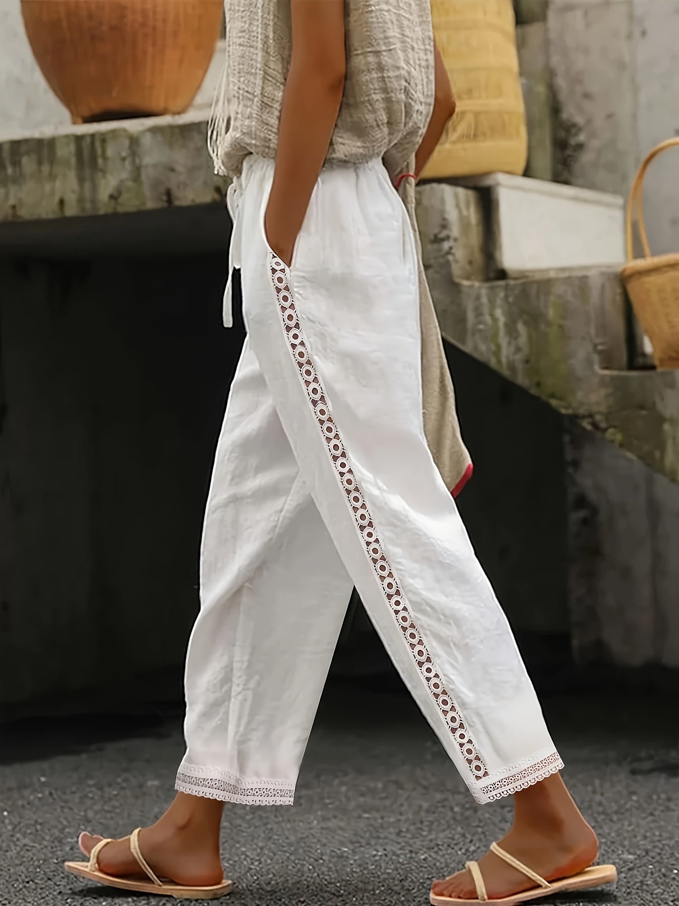 Ava™ | Lace Splicing Slant Pocket Straight Leg Pants