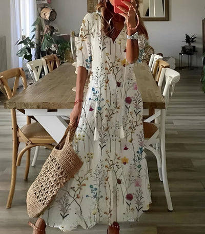 Livia™ | Boho Vintage V-Neck Printed Dress