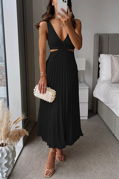 Serelina™ | Pleated Satin Cutout Midi Dress