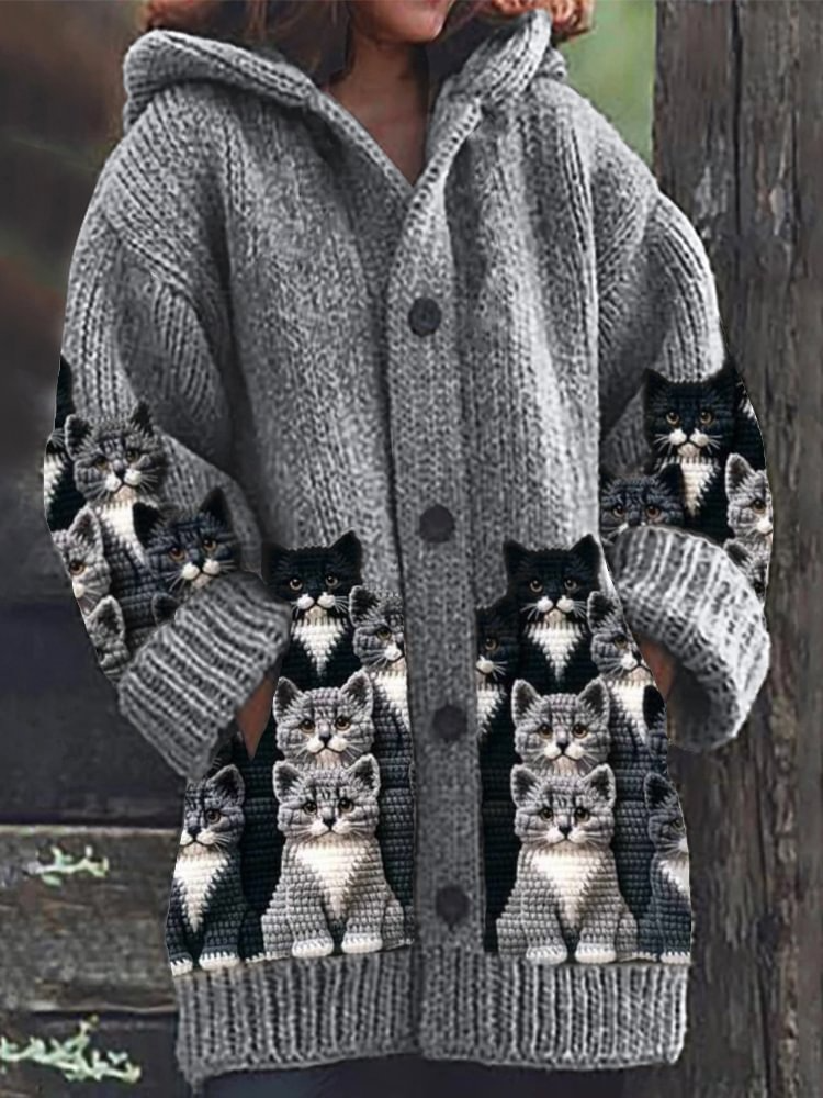 Mirella™ | Cozy Cat Print Knit Cardigan