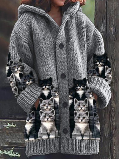 Mirella™ | Cozy Cat Print Knit Cardigan