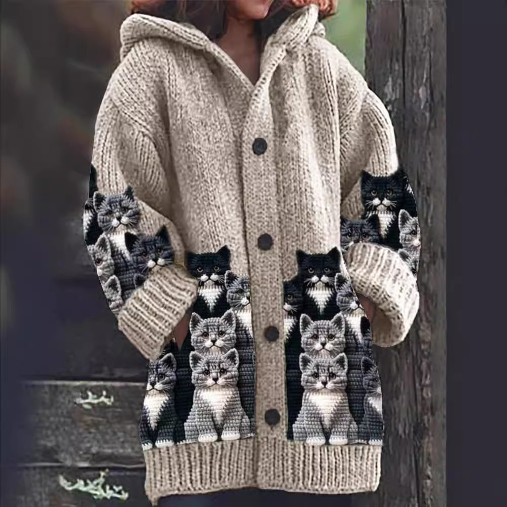 Mirella™ | Cozy Cat Print Knit Cardigan