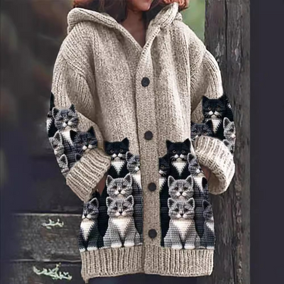 Mirella™ | Cozy Cat Print Knit Cardigan