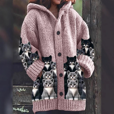 Mirella™ | Cozy Cat Print Knit Cardigan
