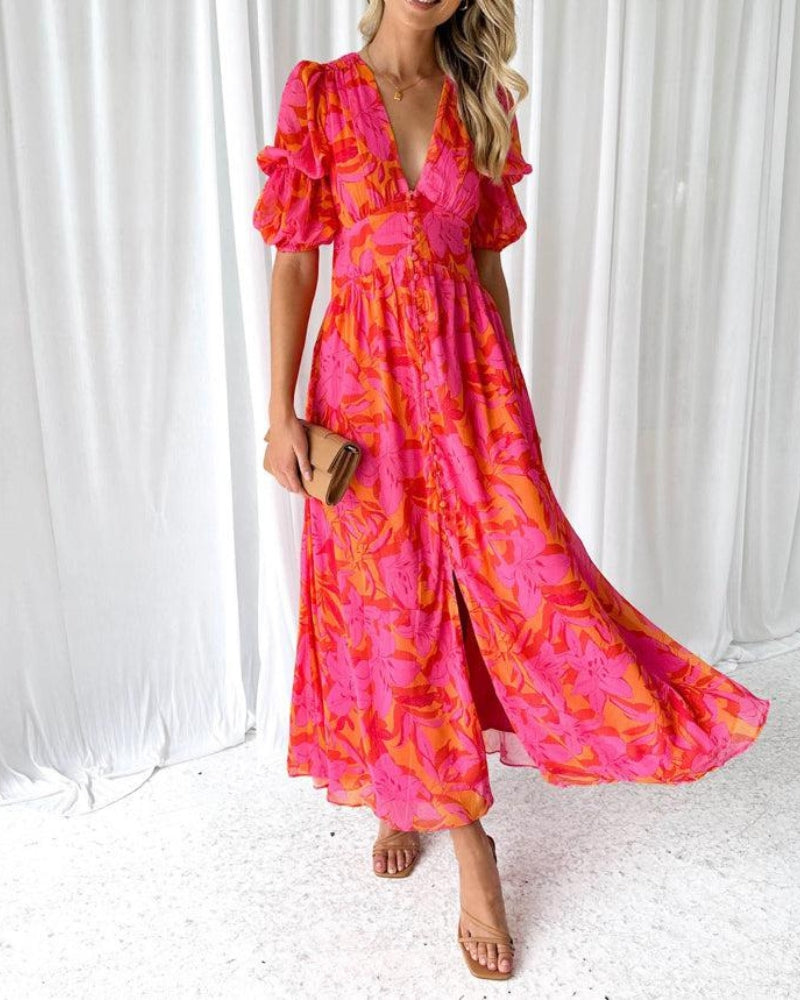 Alva™ | Elegant V-neck Puff Sleeve Maxi Dress