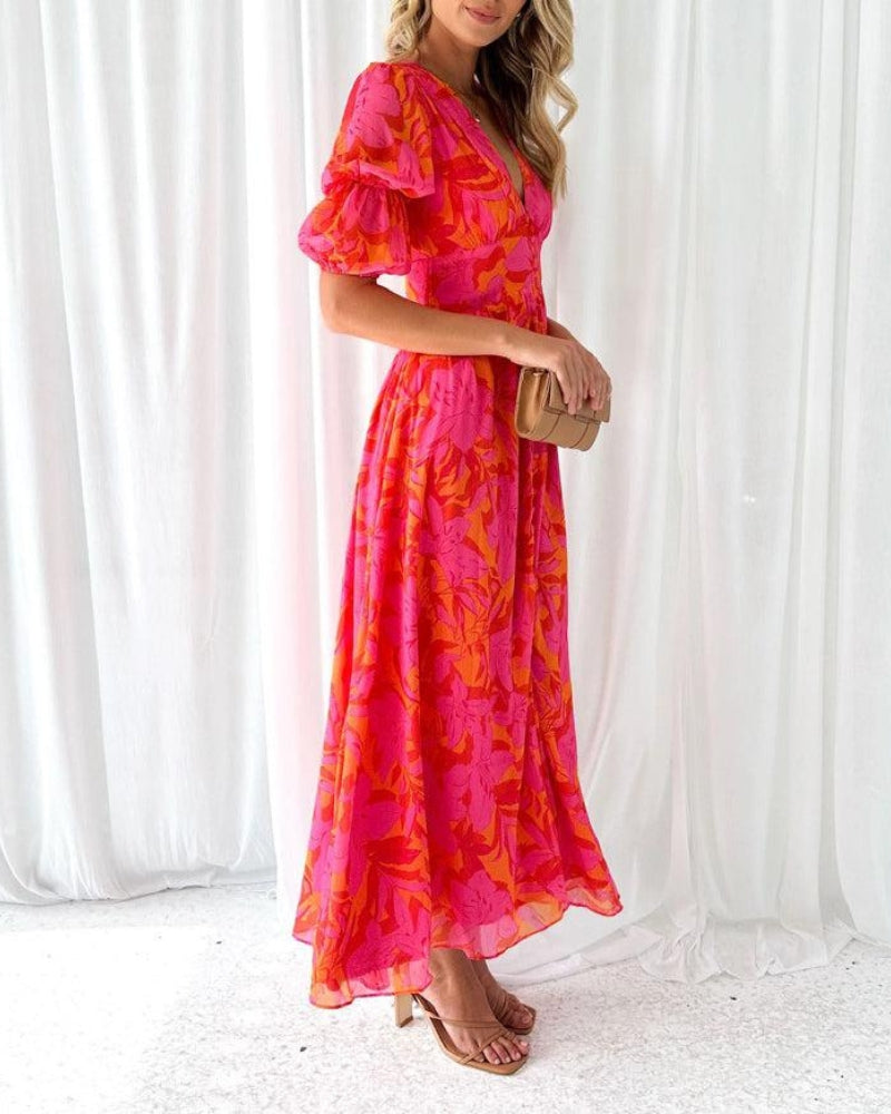 Alva™ | Elegant V-neck Puff Sleeve Maxi Dress