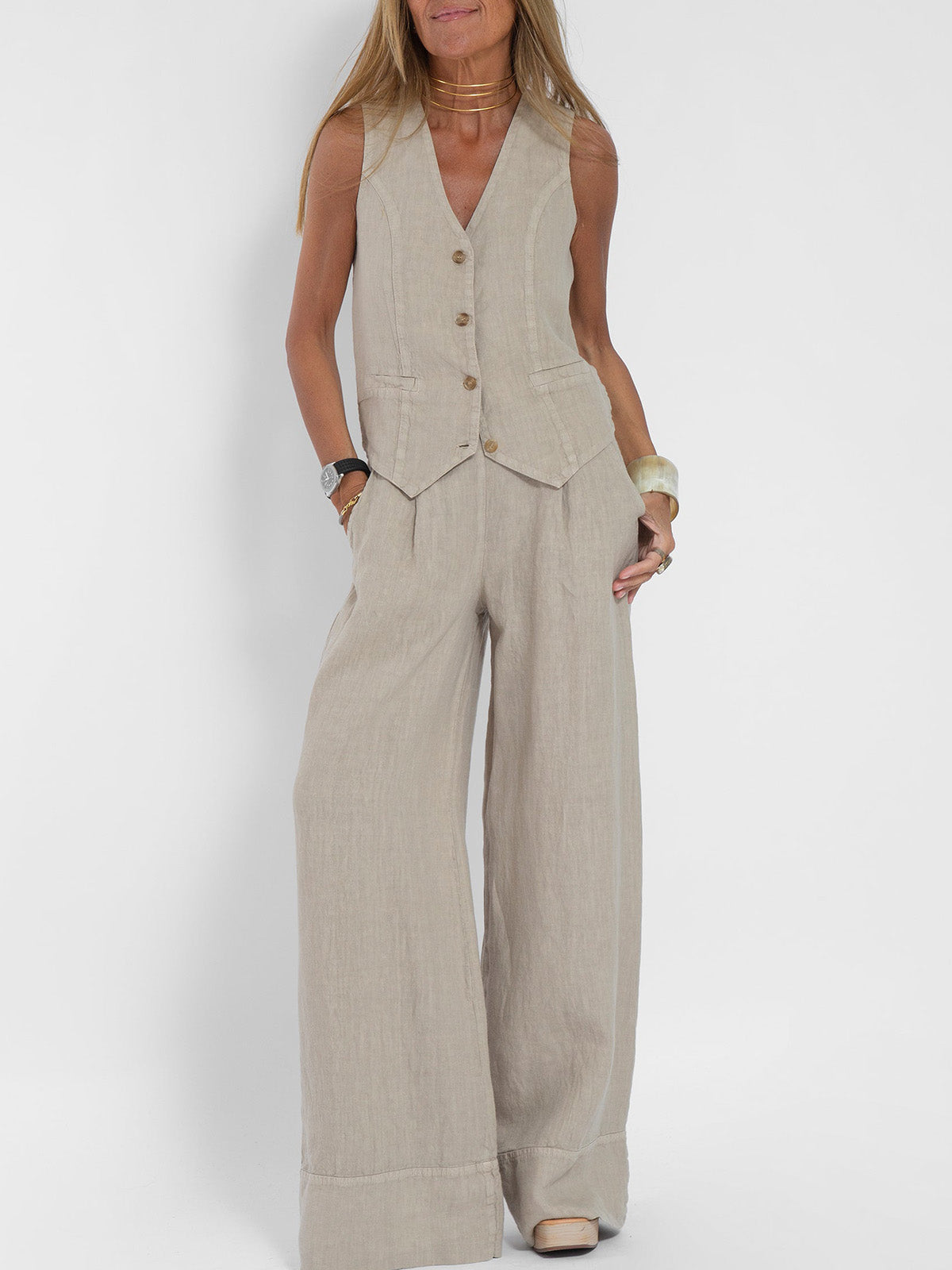 Lara™ | Buttoned Vest & Wide-Leg Trousers Set