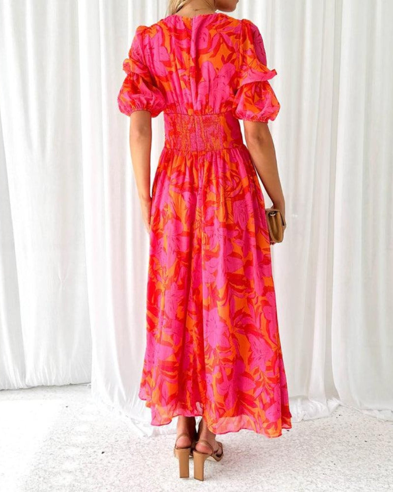 Alva™ | Elegant V-neck Puff Sleeve Maxi Dress