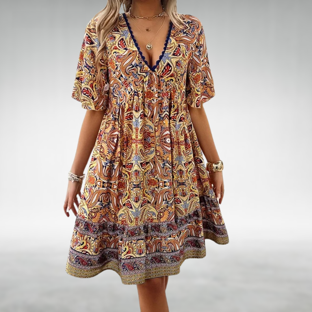 Jaëlle™ | Bohemian Paisley V-Neck Dress