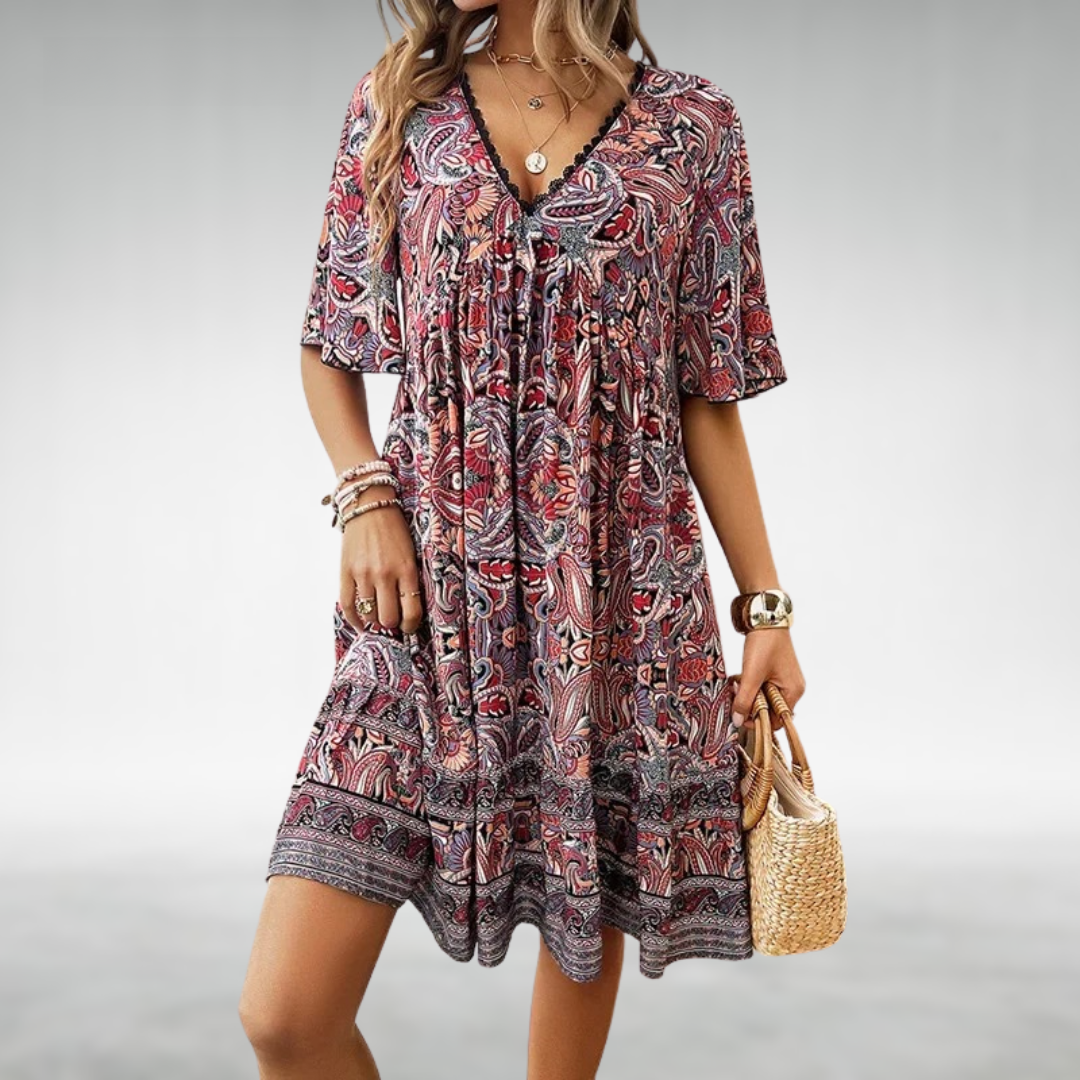 Jaëlle™ | Bohemian Paisley V-Neck Dress