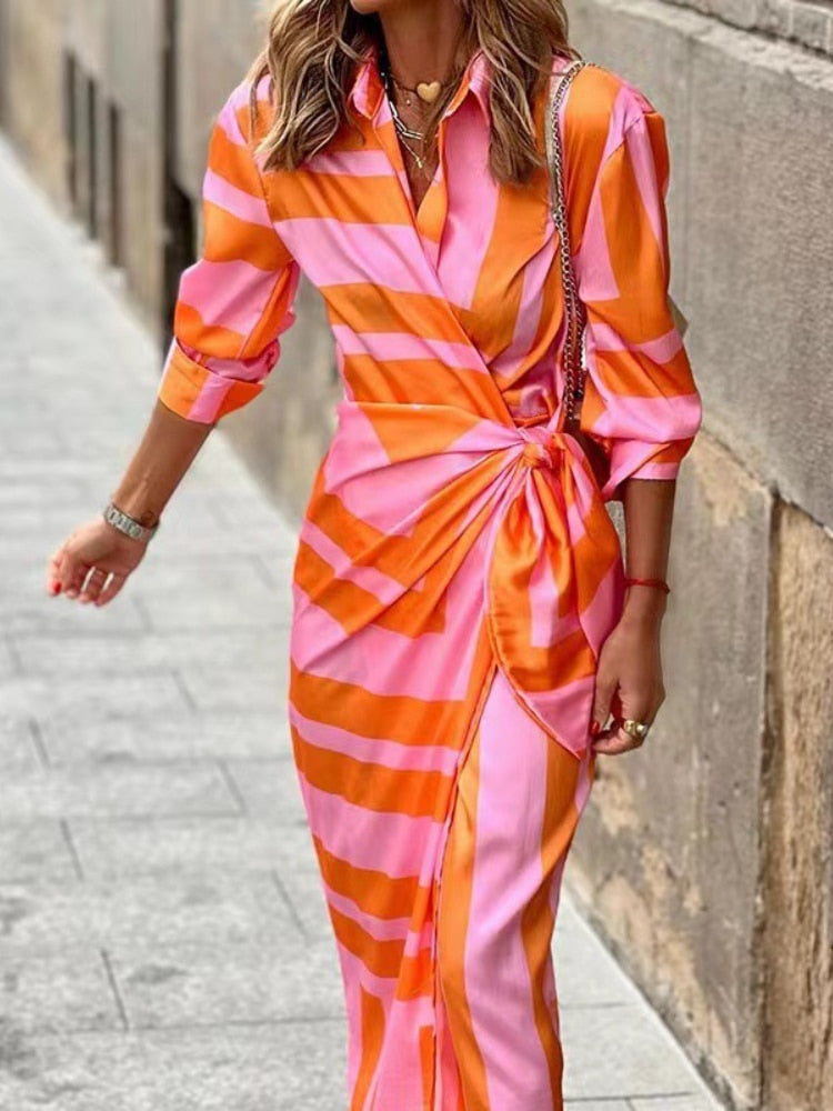 Roxéna™ | Striped Wrap Midi Dress