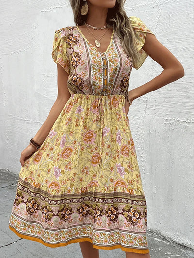 Owen™ | Green Floral Boho Midi Dress