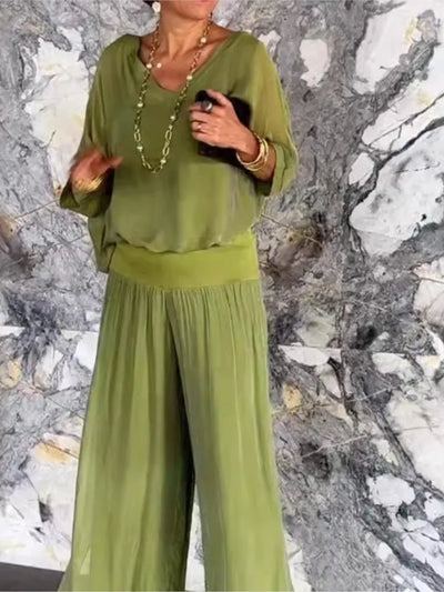 Mia™ | V-Neck Wide-Leg Chiffon Set