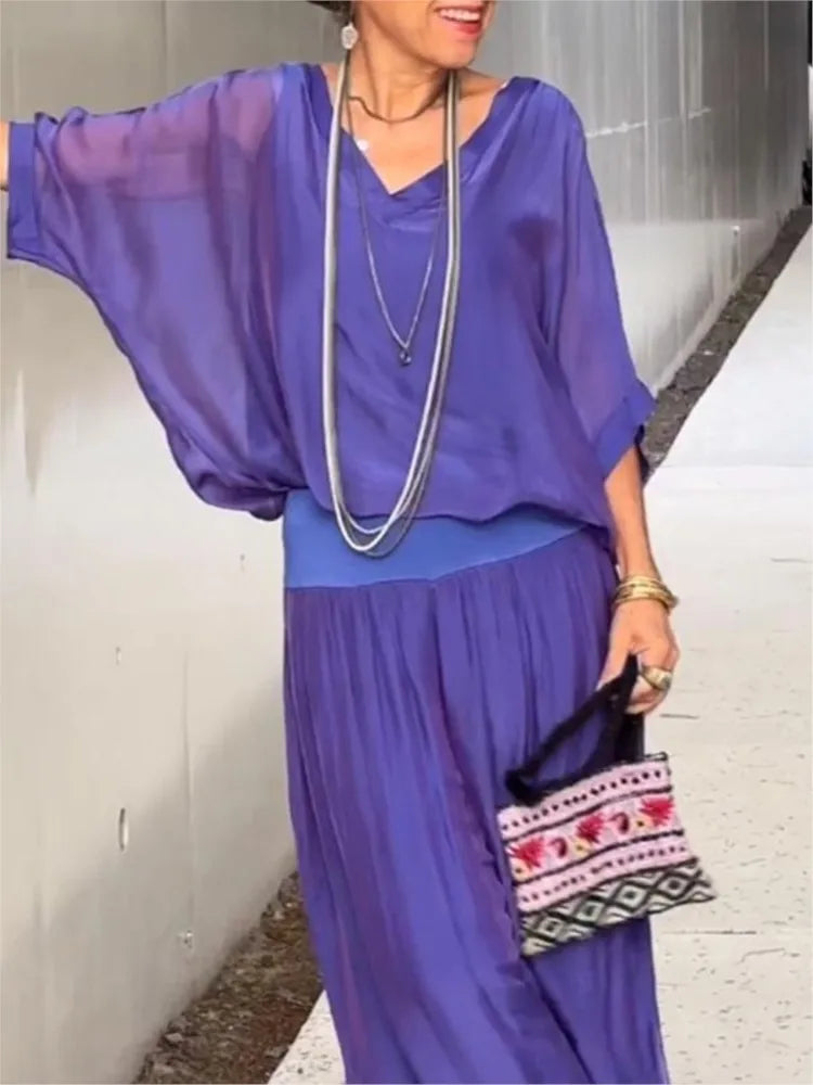 Mia™ | V-Neck Wide-Leg Chiffon Set