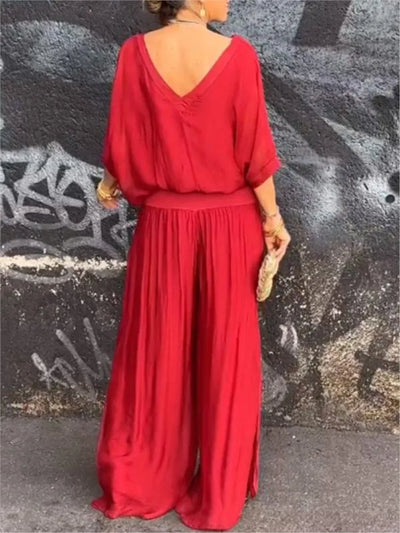 Mia™ | V-Neck Wide-Leg Chiffon Set
