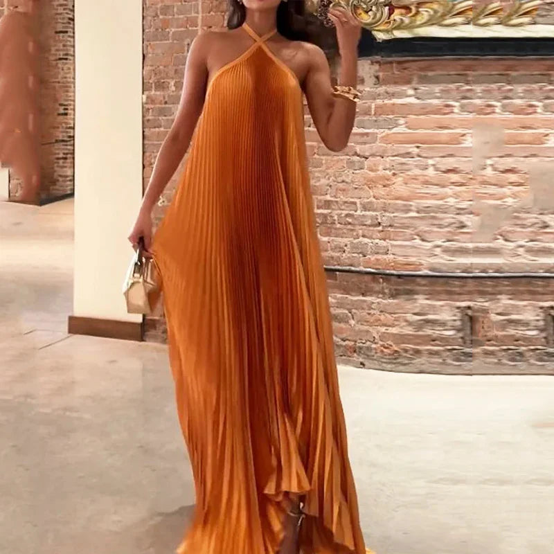 Kyla™ | Chic Pleated Halter Neck Maxi Dress