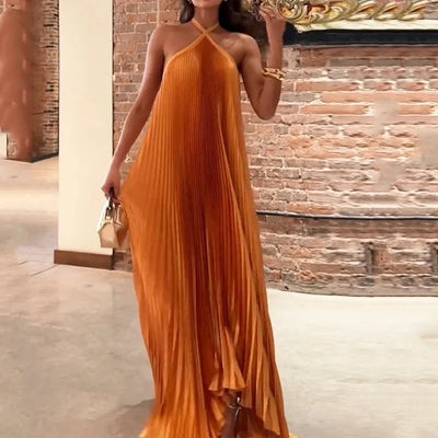Kyla™ | Chic Pleated Halter Neck Maxi Dress