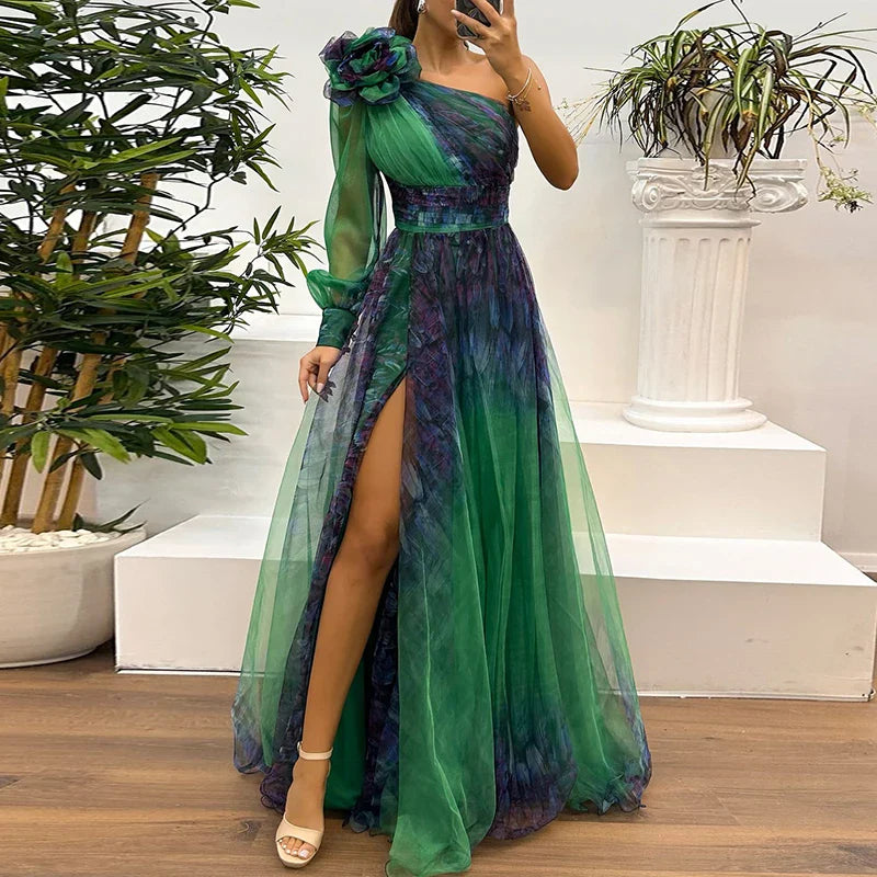 Judith™ | Trendy One Shoulder Mesh Print Maxi Dress