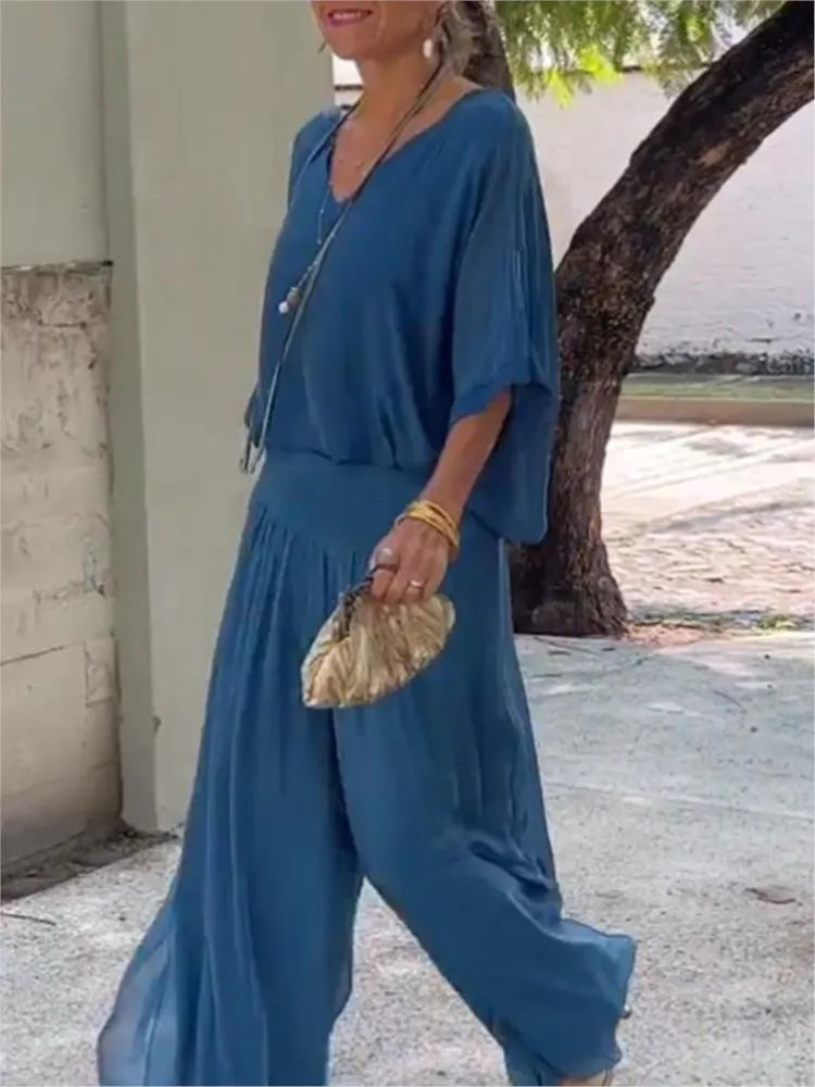 Mia™ | V-Neck Wide-Leg Chiffon Set