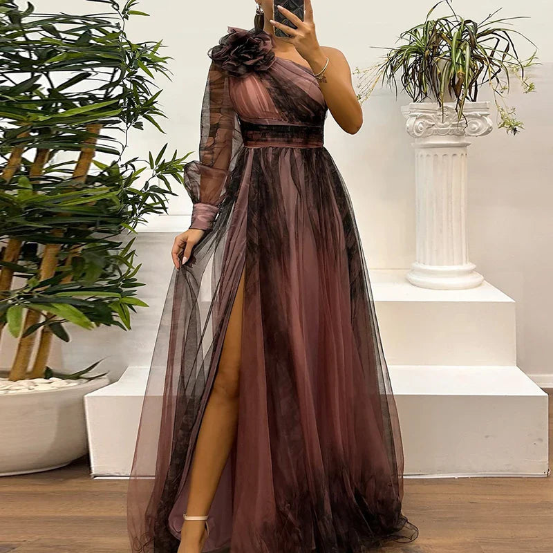 Judith™ | Trendy One Shoulder Mesh Print Maxi Dress