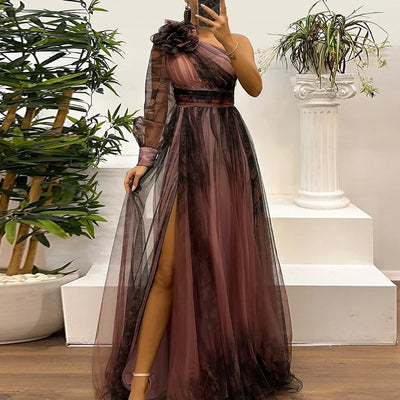 Judith™ | Trendy One Shoulder Mesh Print Maxi Dress