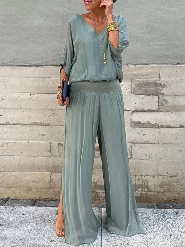 Mia™ | V-Neck Wide-Leg Chiffon Set
