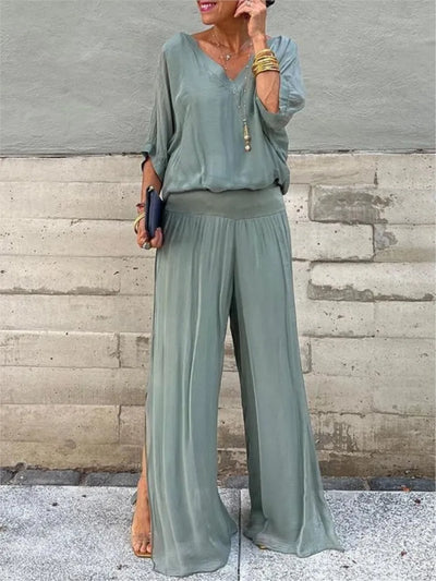 Mia™ | V-Neck Wide-Leg Chiffon Set