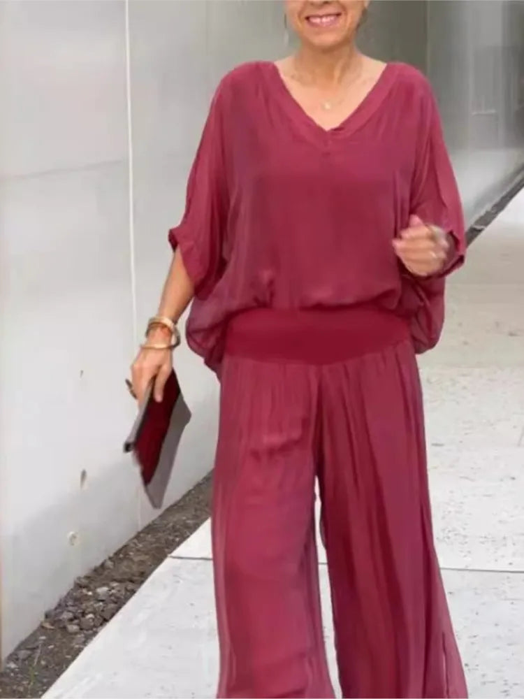 Mia™ | V-Neck Wide-Leg Chiffon Set