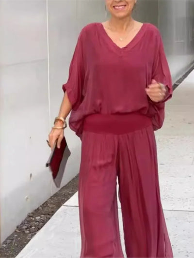Mia™ | V-Neck Wide-Leg Chiffon Set