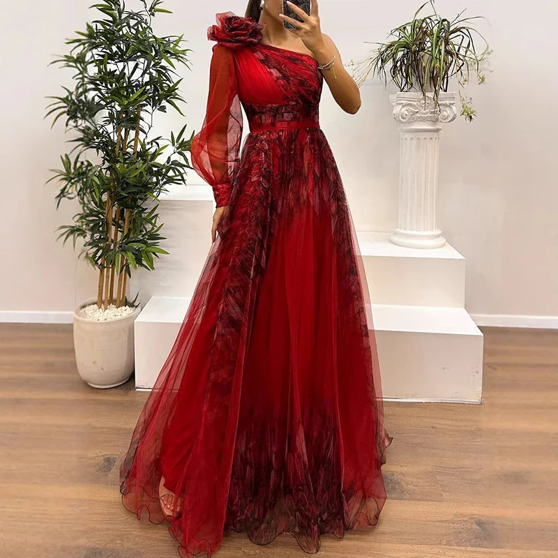 Judith™ | Trendy One Shoulder Mesh Print Maxi Dress