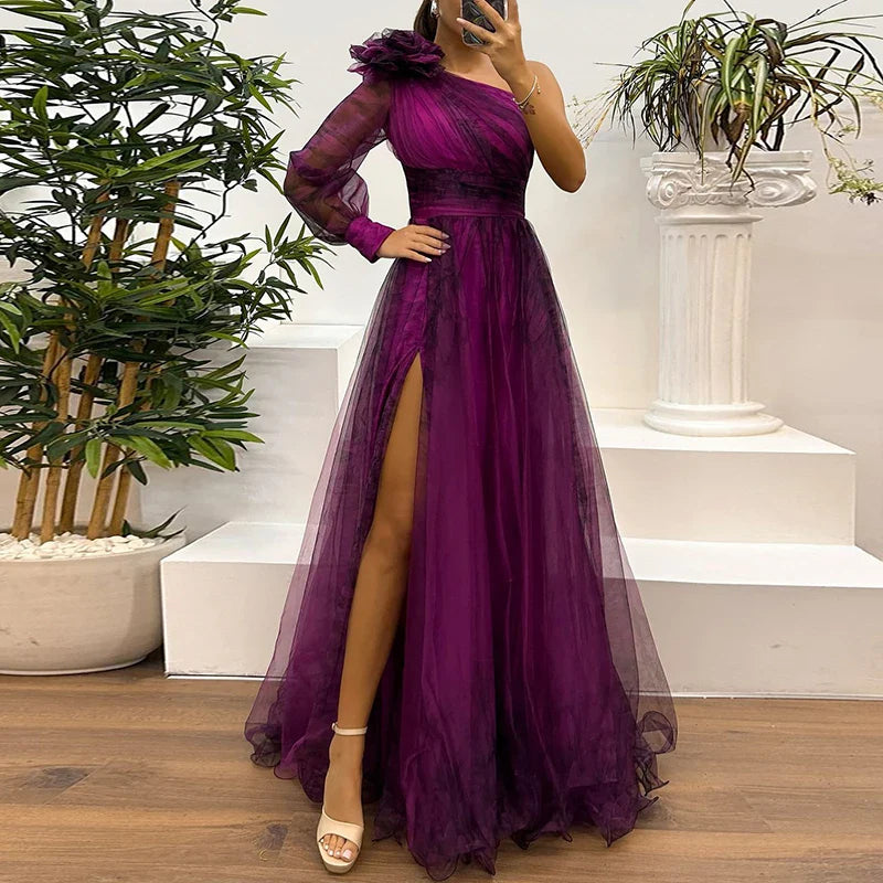 Judith™ | Trendy One Shoulder Mesh Print Maxi Dress