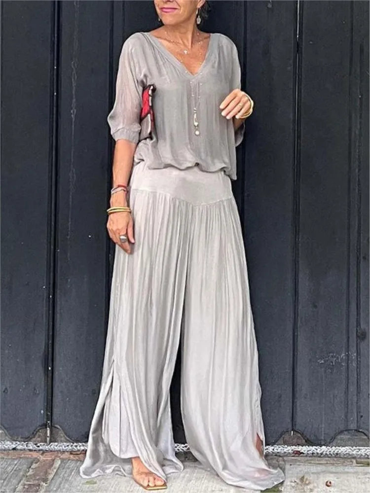 Mia™ | V-Neck Wide-Leg Chiffon Set
