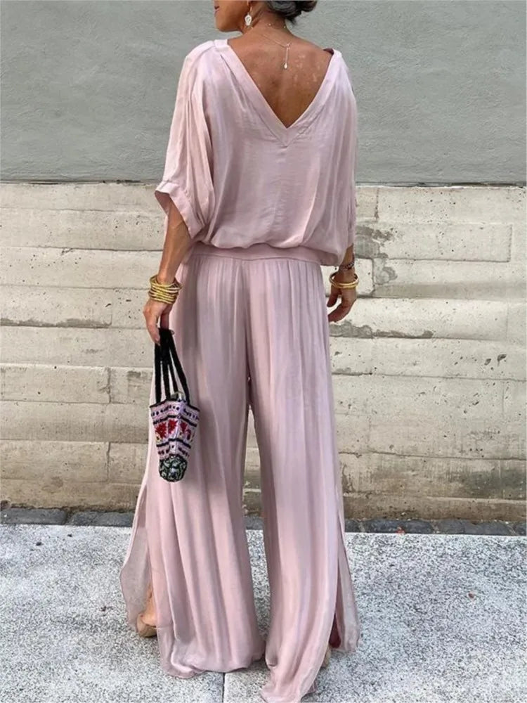 Mia™ | V-Neck Wide-Leg Chiffon Set