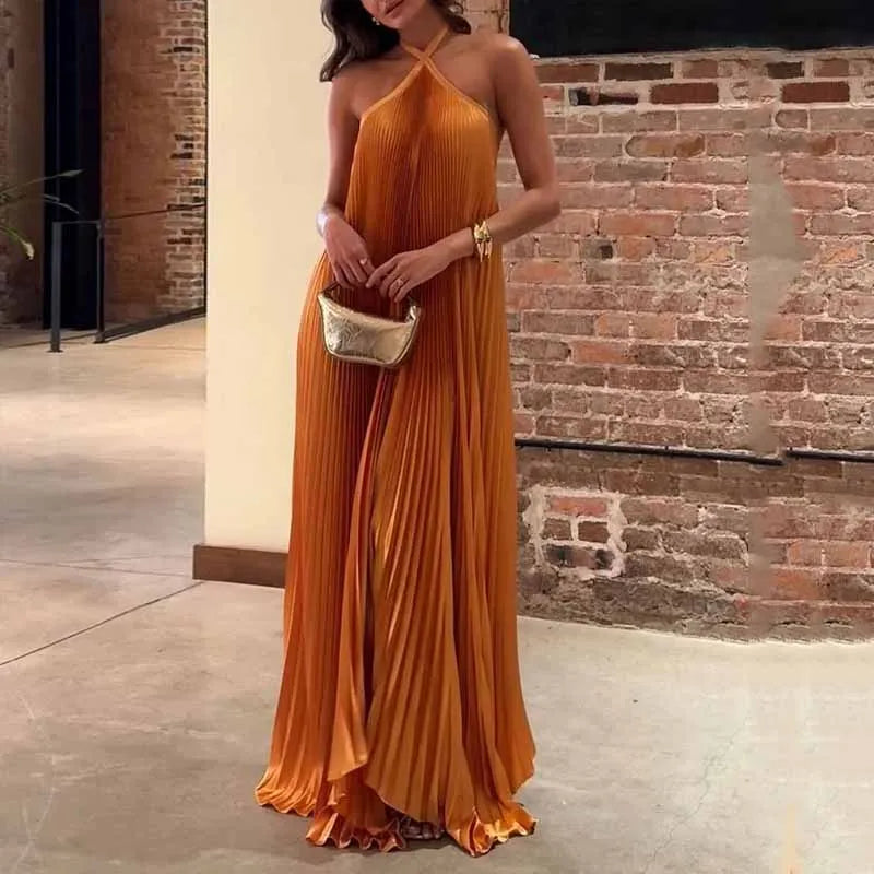 Kyla™ | Chic Pleated Halter Neck Maxi Dress