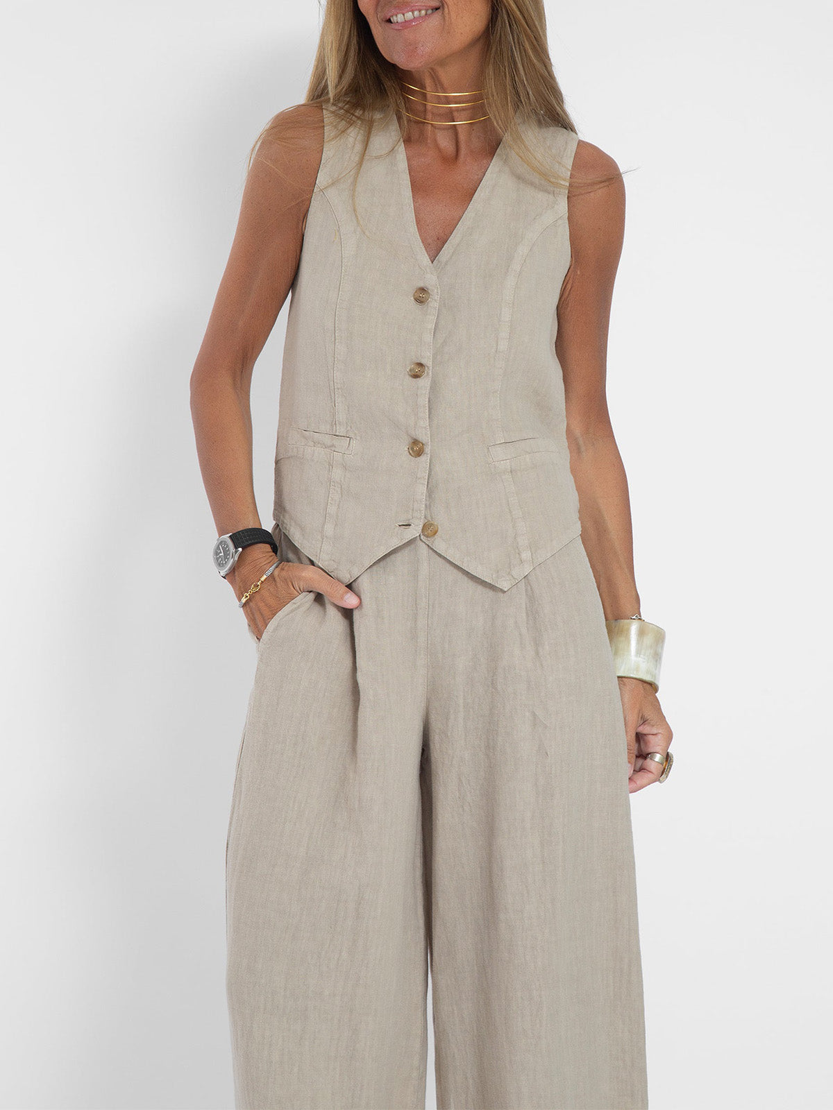 Lara™ | Buttoned Vest & Wide-Leg Trousers Set