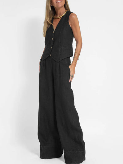 Lara™ | Buttoned Vest & Wide-Leg Trousers Set
